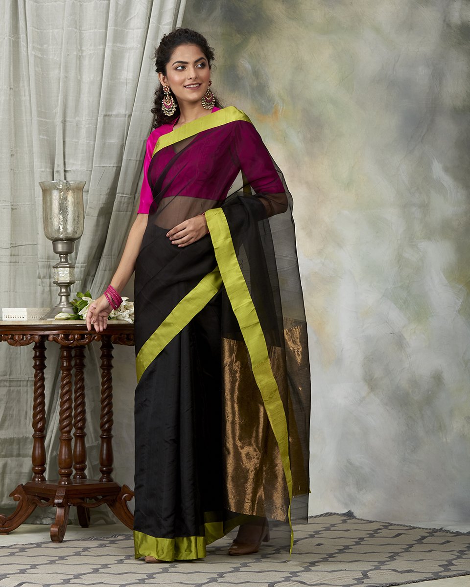 Black_Handloom_Dupion_Silk_Chanderi_Saree_with_Organza_Pallu_and_Green_Border_WeaverStory_02
