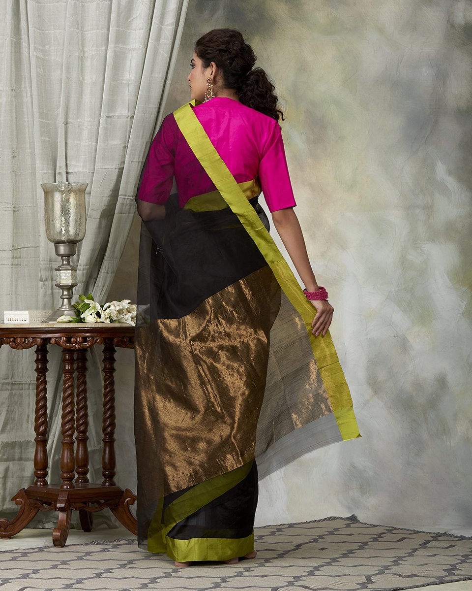 Black_Handloom_Dupion_Silk_Chanderi_Saree_with_Organza_Pallu_and_Green_Border_WeaverStory_03