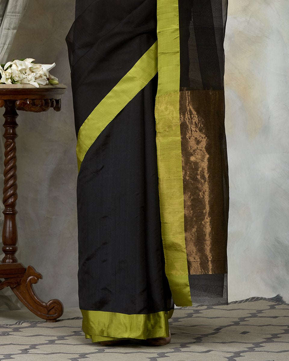 Black_Handloom_Dupion_Silk_Chanderi_Saree_with_Organza_Pallu_and_Green_Border_WeaverStory_04