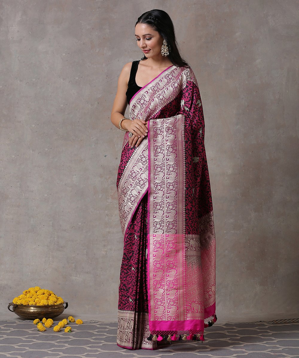 Black_and_Pink_Handloom_Pure_Katan_Silk_Banarasi_Saree_with_Meenakari_Tanchoi_and_Big_Shikargah_Border_WeaverStory_02