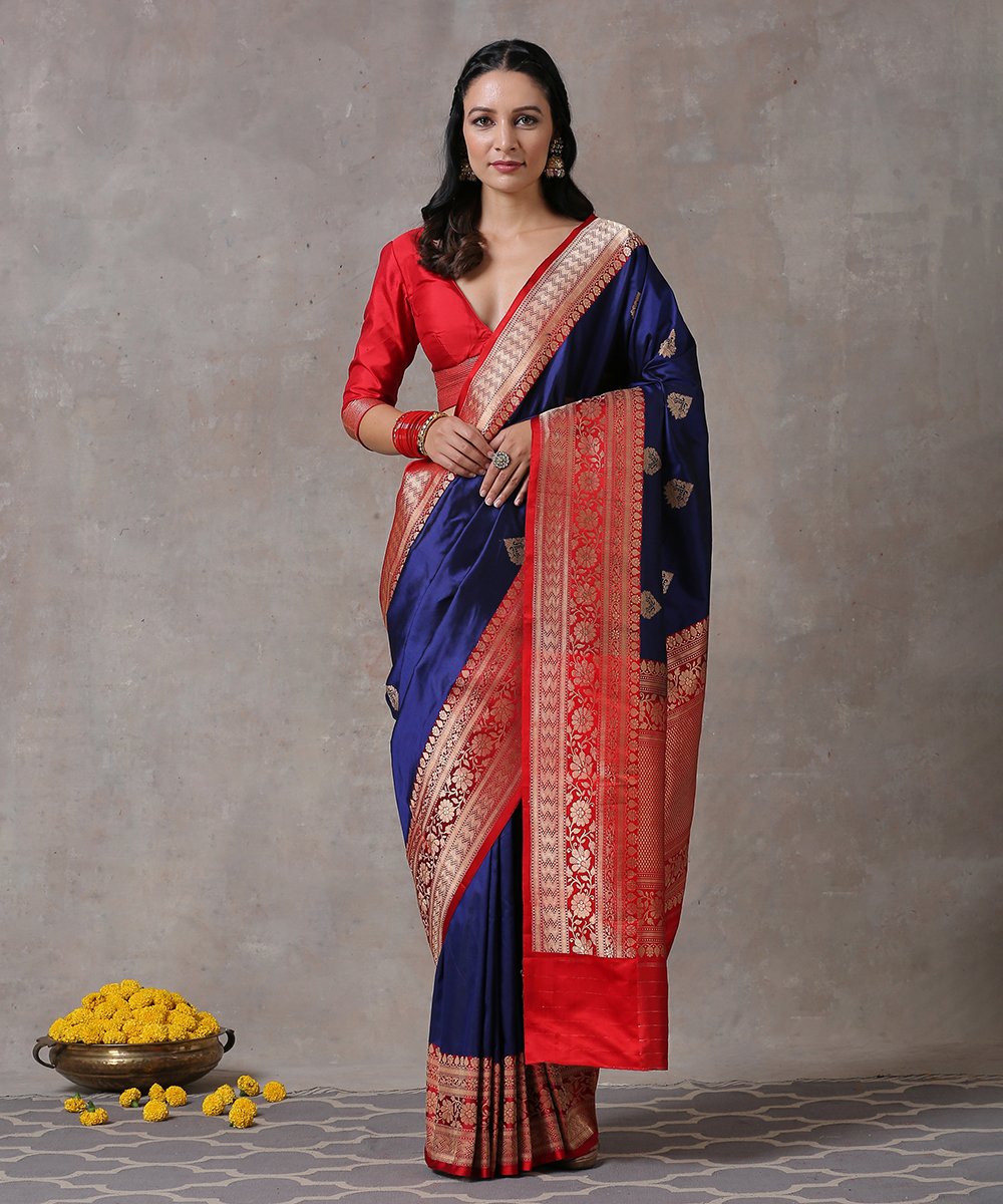 Blue_Handloom_Pure_Katan_Silk_Banarasi_Saree_With_Kadhwa_Boota_And_Red_Border_WeaverStory_01