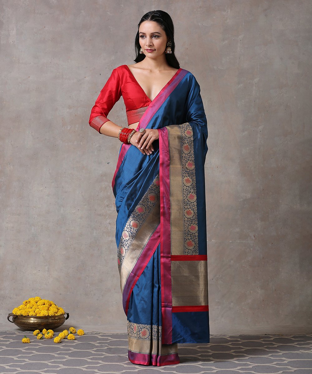 Blue_Handloom_Pure_Katan_Silk_Plain_Banarasi_Saree_With_Floral_Border_WeaverStory_01