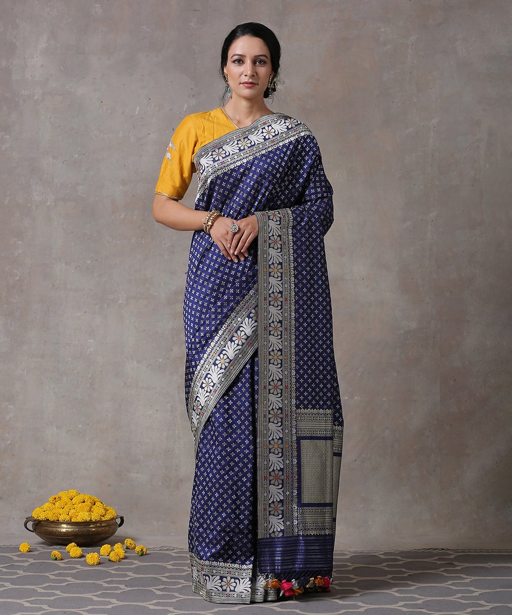 Blue_Handloom_Pure_Katan_Silk_Sona_Rupa_Zari_Booti_Banarasi_Saree_With_Floral_Border_WeaverStory_01