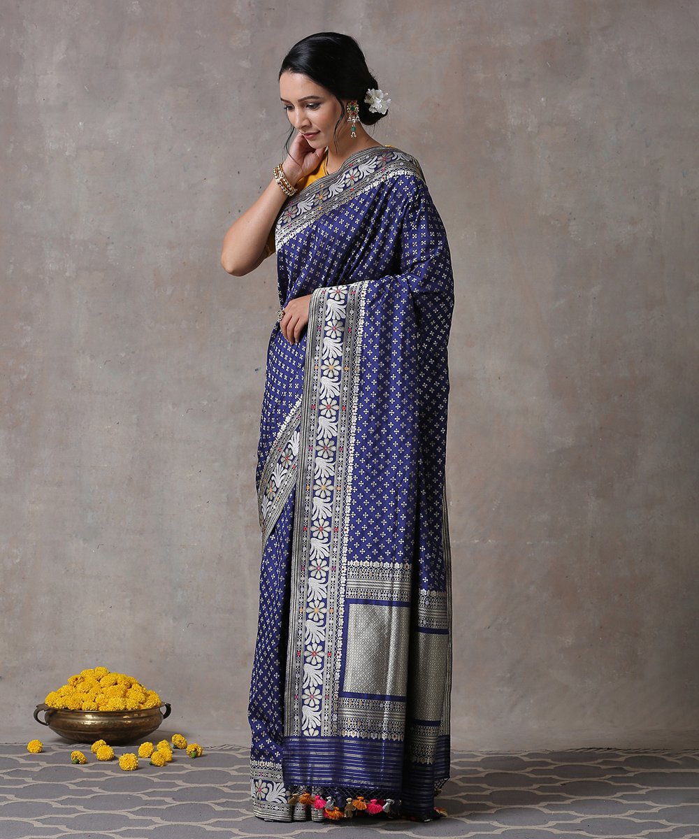 Blue_Handloom_Pure_Katan_Silk_Sona_Rupa_Zari_Booti_Banarasi_Saree_With_Floral_Border_WeaverStory_02