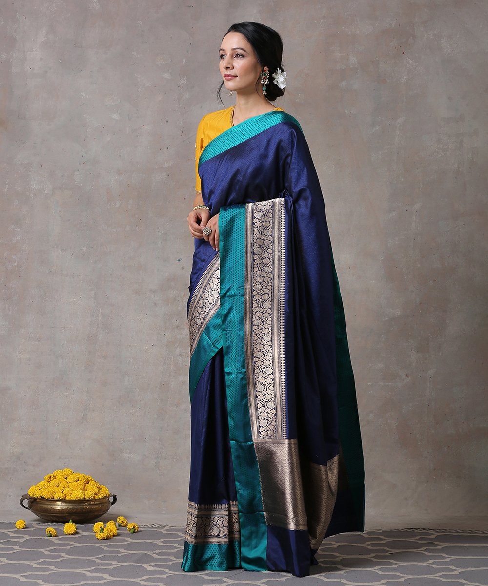 Blue_Handloom_Pure_Katan_Silk_Tanchoi_Banarasi_Saree_With_Teal_Border_WeaverStory_02