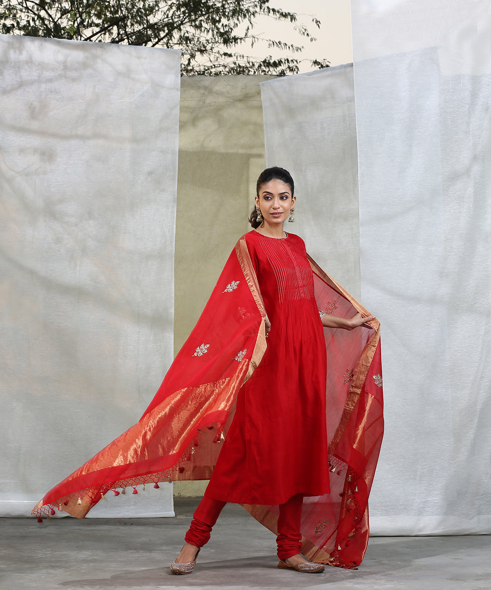 Red_Handloom_Chanderi_Silk_Kurta_With_Churidar_Stitched_Suit_Set_WeaverStory_01