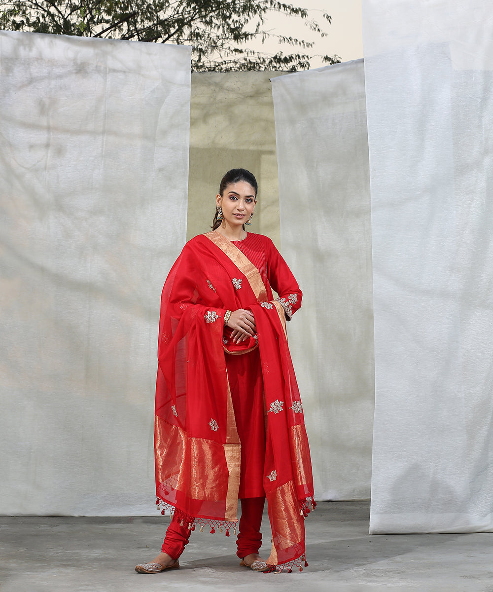 Red_Handloom_Chanderi_Silk_Kurta_With_Churidar_Stitched_Suit_Set_WeaverStory_03