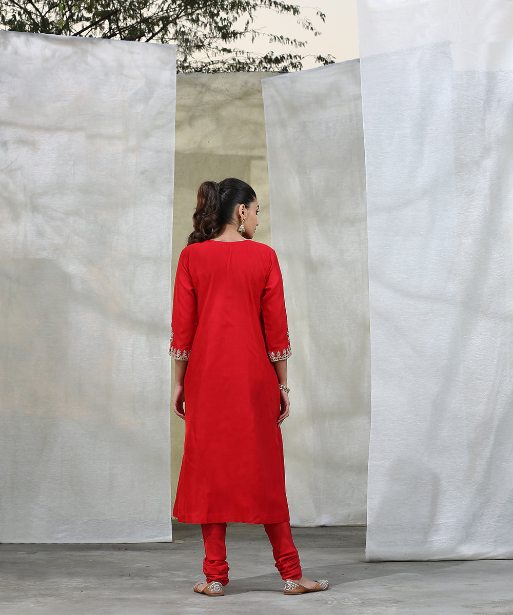 Red_Handloom_Chanderi_Silk_Kurta_With_Churidar_Stitched_Suit_Set_WeaverStory_05