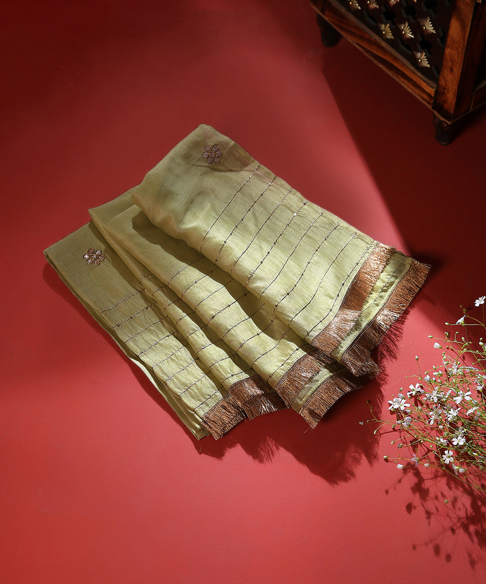 Lime Green Handloom Chanderi Silk Dupatta With Gota Floral Booties And Kiran Lace