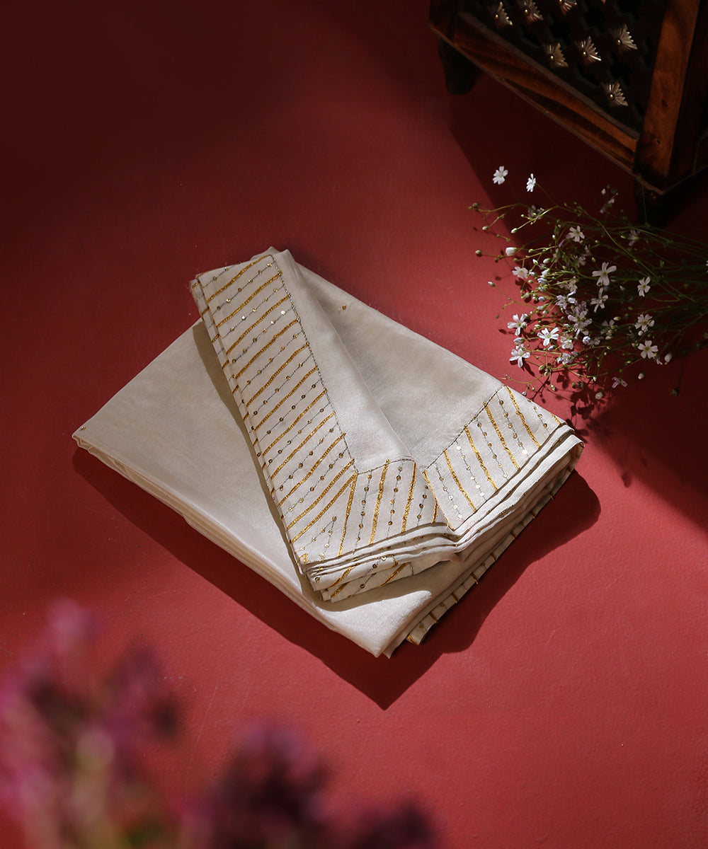 Offwhite Handloom Chanderi Silk Dupatta With Hand Embroidery