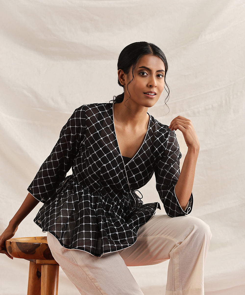 Go_Fish-_Black_Handloom_Pure_Chanderi_Silk_Handblock_Printed_Circular_Peplum_Top_WeaverStory_01
