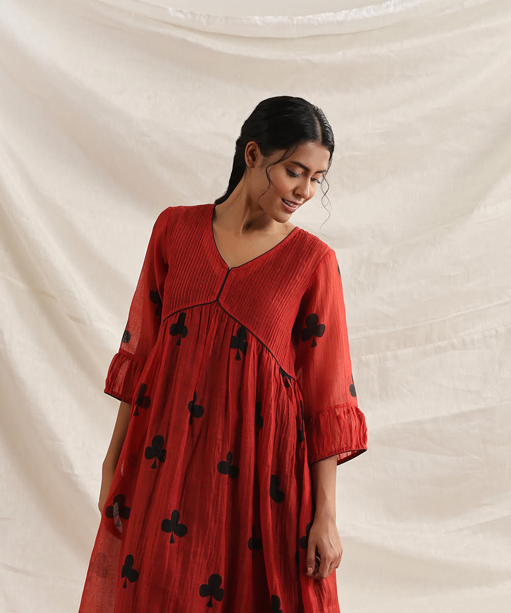 Crazy_Eights-_Handloom_Red_Pure_Chanderi_Silk_Handblock_Printed_Pin_Tuck_Yoke_Dress_WeaverStory_01