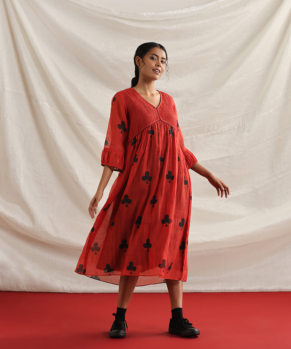 Crazy_Eights-_Handloom_Red_Pure_Chanderi_Silk_Handblock_Printed_Pin_Tuck_Yoke_Dress_WeaverStory_02