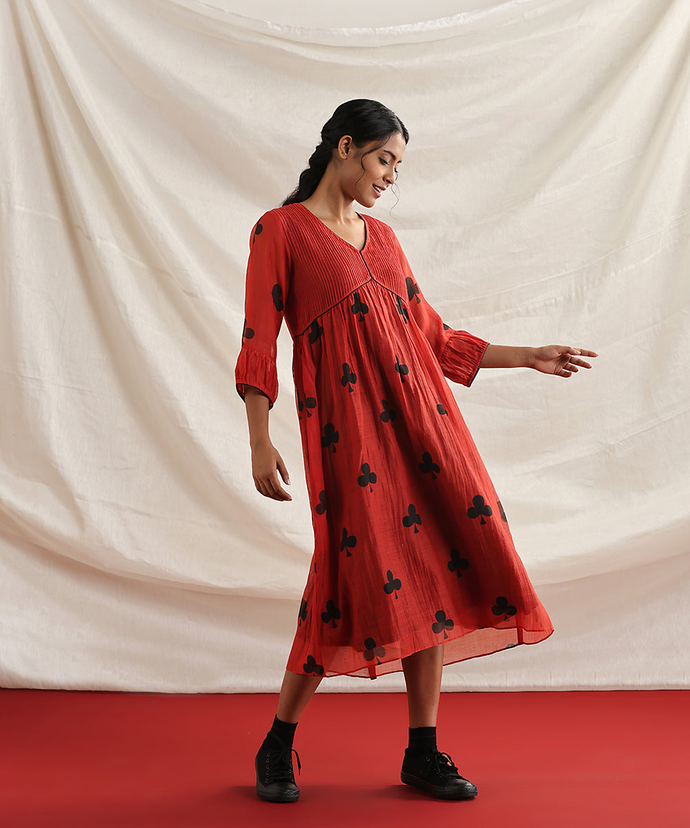 Crazy_Eights-_Handloom_Red_Pure_Chanderi_Silk_Handblock_Printed_Pin_Tuck_Yoke_Dress_WeaverStory_03