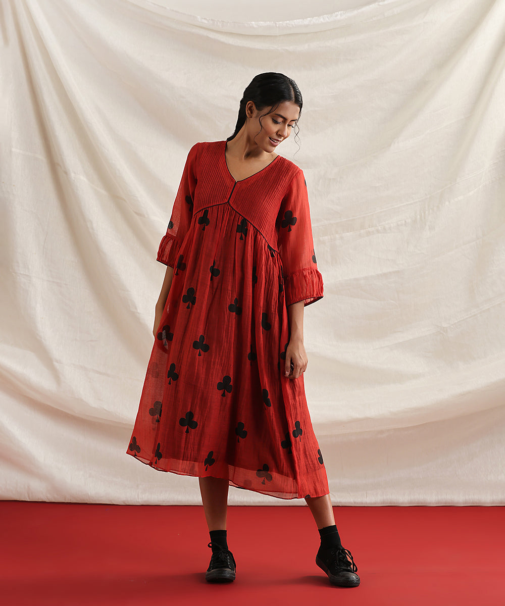 Crazy_Eights-_Handloom_Red_Pure_Chanderi_Silk_Handblock_Printed_Pin_Tuck_Yoke_Dress_WeaverStory_04