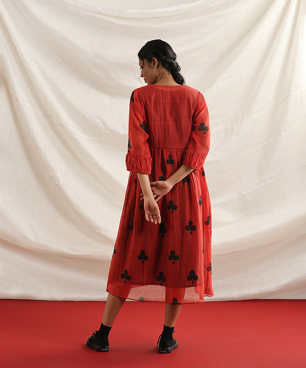 Crazy_Eights-_Handloom_Red_Pure_Chanderi_Silk_Handblock_Printed_Pin_Tuck_Yoke_Dress_WeaverStory_05