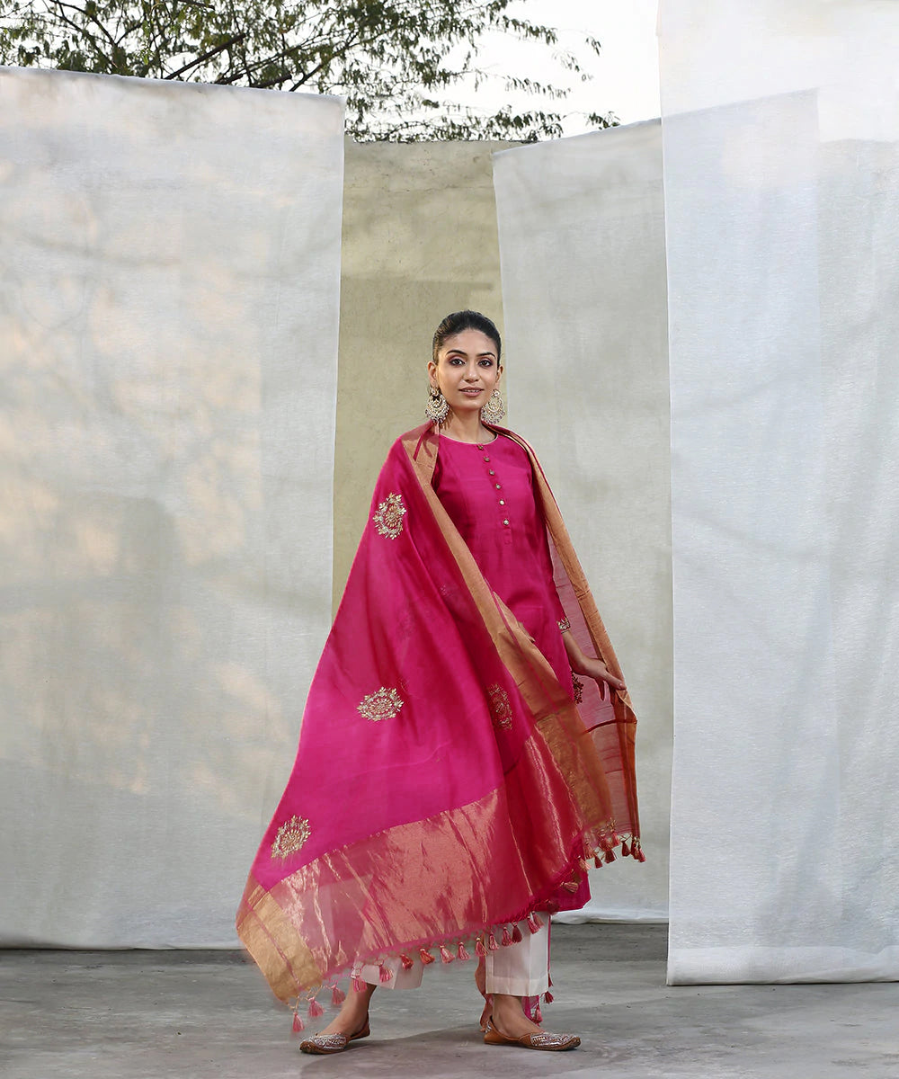 Handloom_Pink_Chanderi_Kurta_with_White_Pants_and_Embroidered_Dupatta_WeaverStory_03