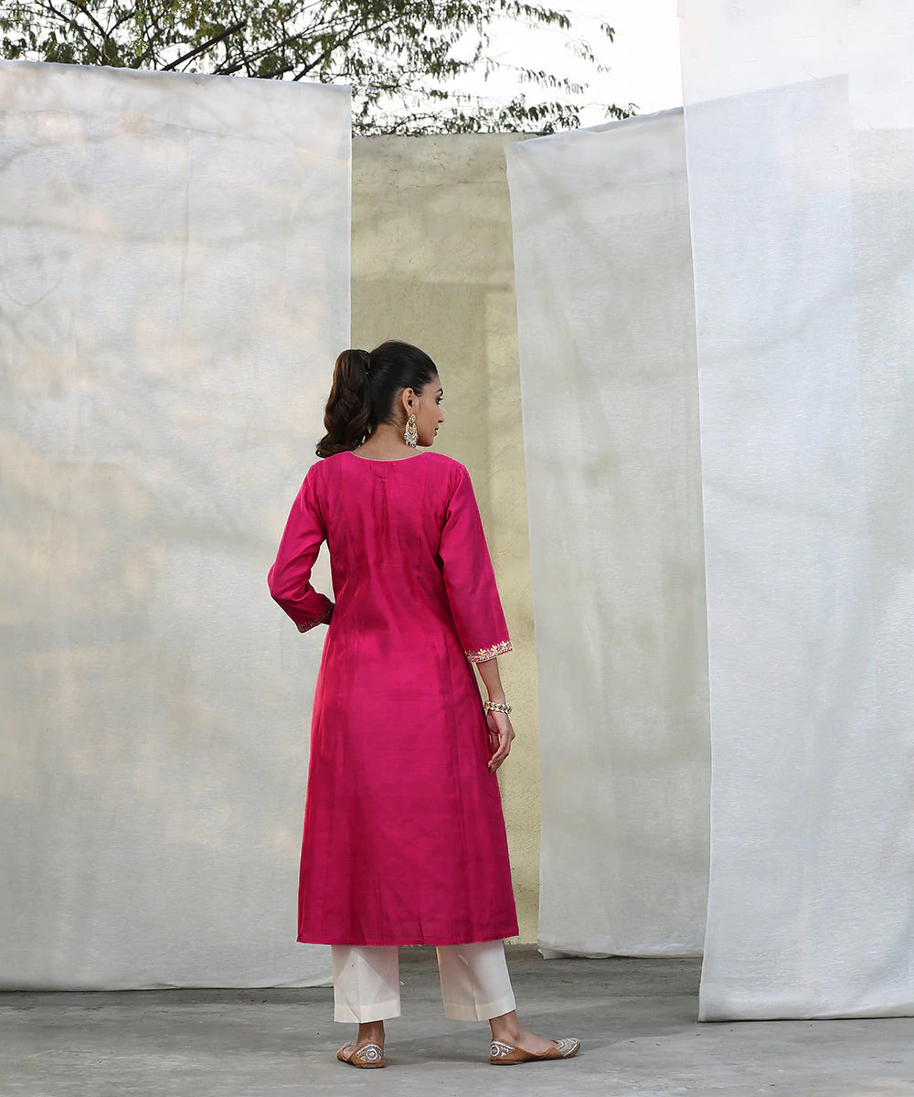 Handloom_Pink_Chanderi_Kurta_with_White_Pants_and_Embroidered_Dupatta_WeaverStory_05