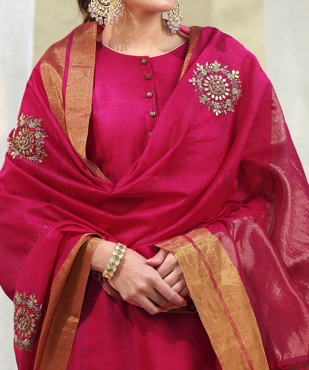 Handloom_Pink_Chanderi_Kurta_with_White_Pants_and_Embroidered_Dupatta_WeaverStory_06
