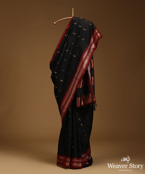 Pure_Black_Mulberry_Silk_Chandrakala_Saree_With_Gold_And_Silver_Zari_Border_WeaverStory_01