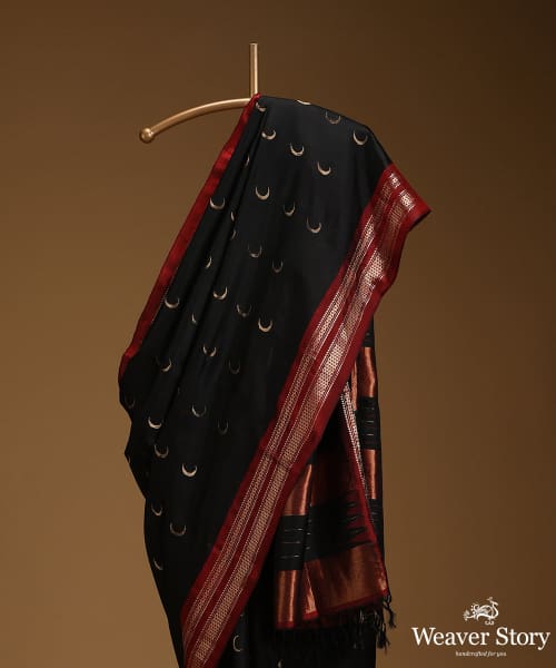 Pure_Black_Mulberry_Silk_Chandrakala_Saree_With_Gold_And_Silver_Zari_Border_WeaverStory_02