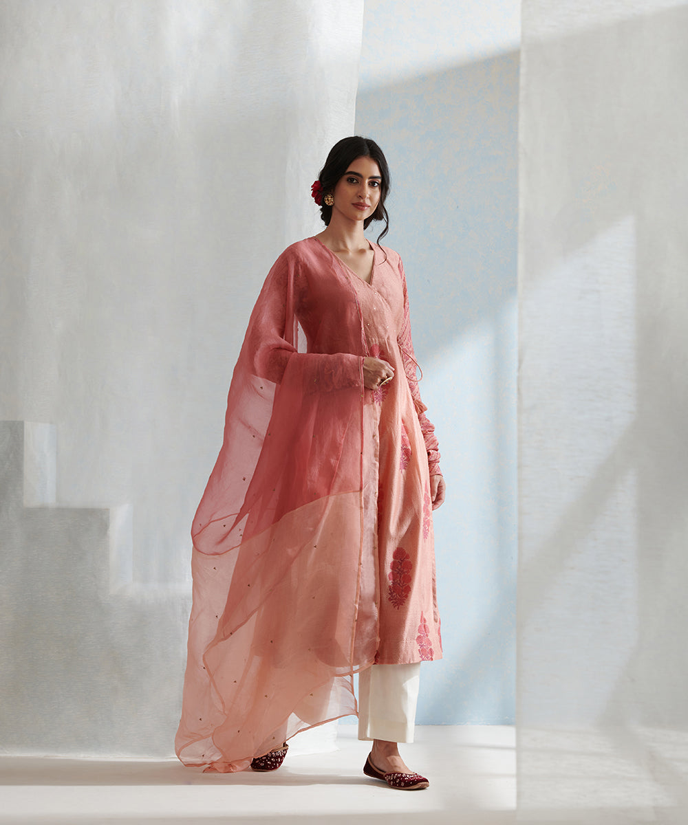 Old_Rose_Handloom_Chanderi_Angrakha_Set_with_Wide_Pants_And_Organza_Dupatta_WeaverStory_01