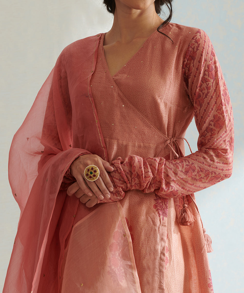 Old_Rose_Handloom_Chanderi_Angrakha_Set_with_Wide_Pants_And_Organza_Dupatta_WeaverStory_06