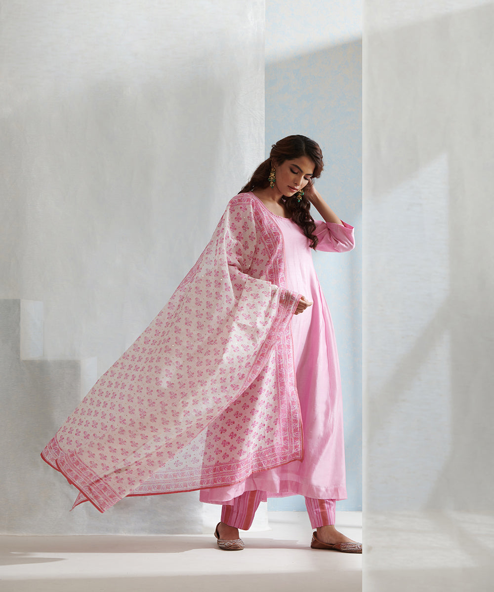 Pink_Handloom_Chanderi_Kurta_Set_with_Pants_and_Hand_Block_Printed_Dupatta_WeaverStory_01