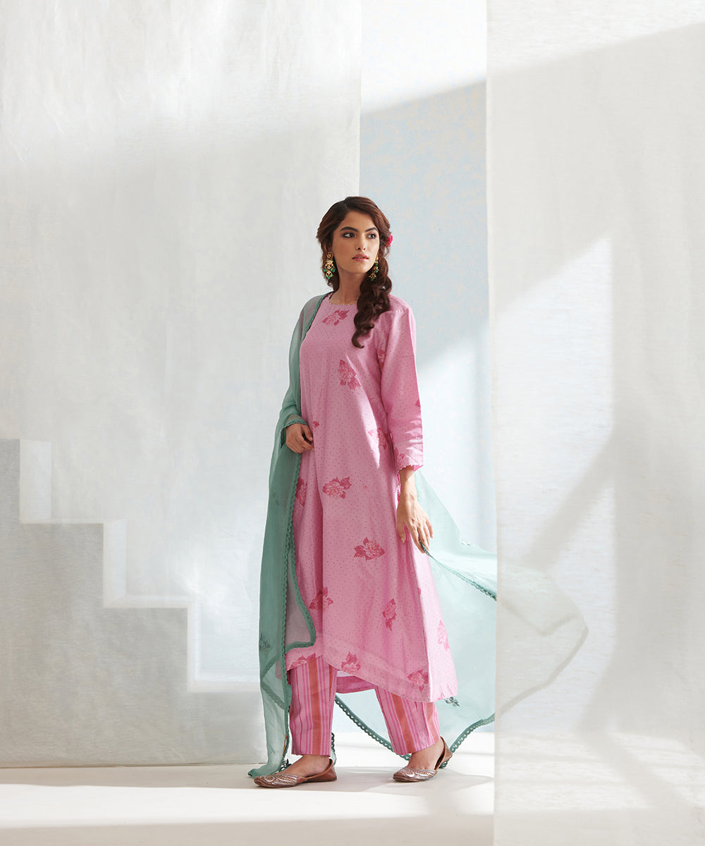 Handloom_Pink_Chanderi_Kurta_Set_with_Striped_Pants_And_Organza_Dupatta_WeaverStory_01