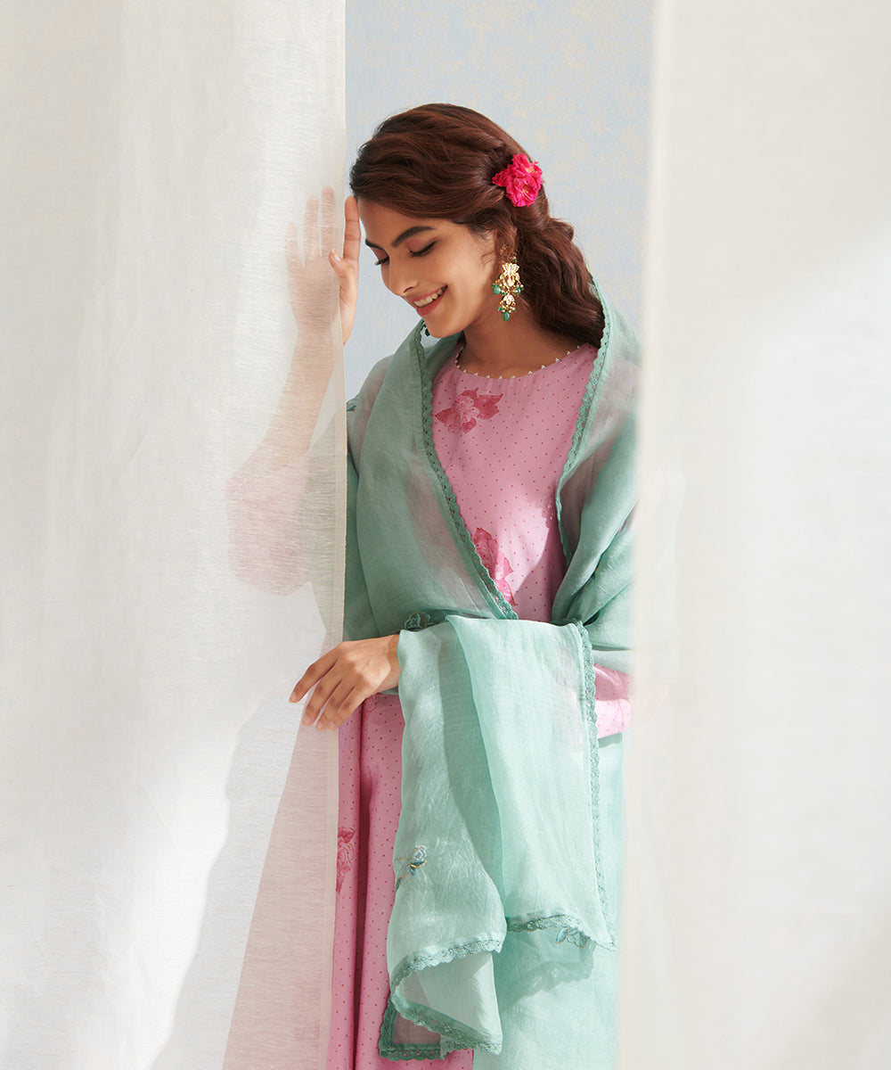 Handloom_Pink_Chanderi_Kurta_Set_with_Striped_Pants_And_Organza_Dupatta_WeaverStory_02