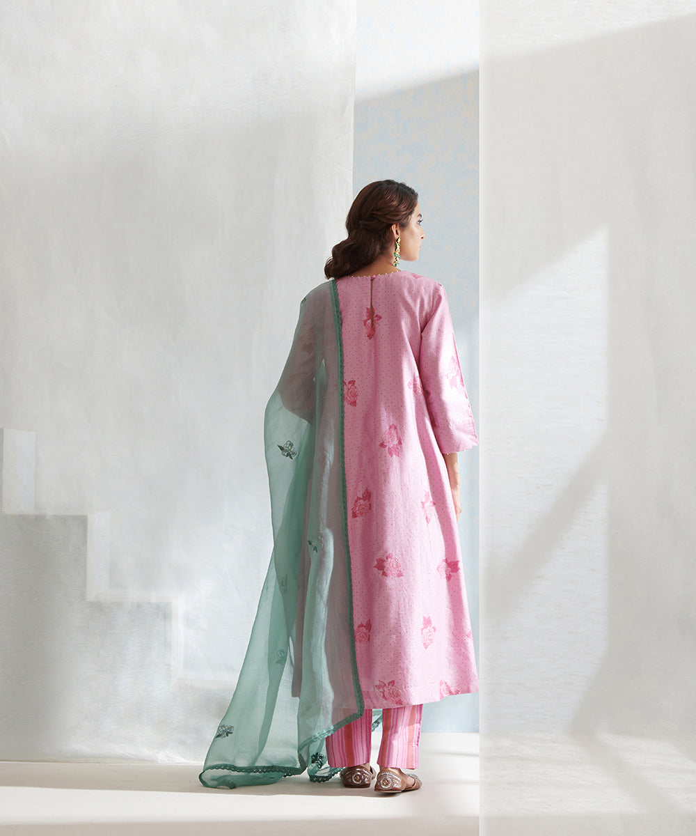 Handloom_Pink_Chanderi_Kurta_Set_with_Striped_Pants_And_Organza_Dupatta_WeaverStory_05