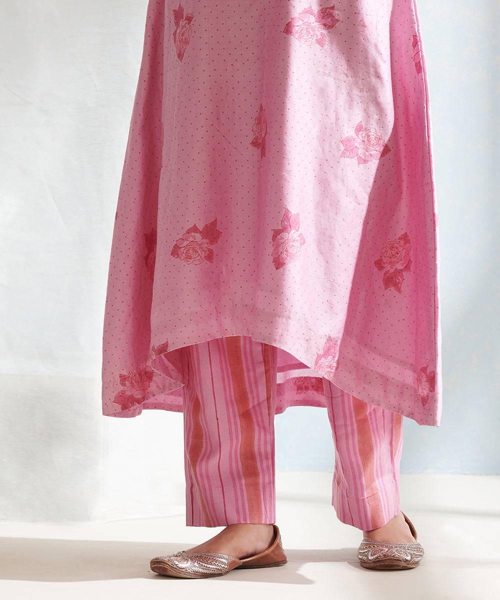 Handloom_Pink_Chanderi_Kurta_Set_with_Striped_Pants_And_Organza_Dupatta_WeaverStory_07