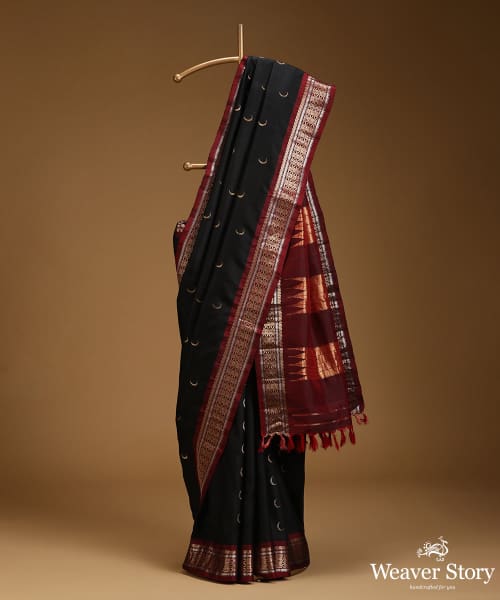 Black_Pure_Mulberry_Silk_Chandrakala_Saree_With_Gold_And_Silver_Zari_Border_WeaverStory_01