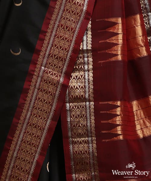 Black_Pure_Mulberry_Silk_Chandrakala_Saree_With_Gold_And_Silver_Zari_Border_WeaverStory_04