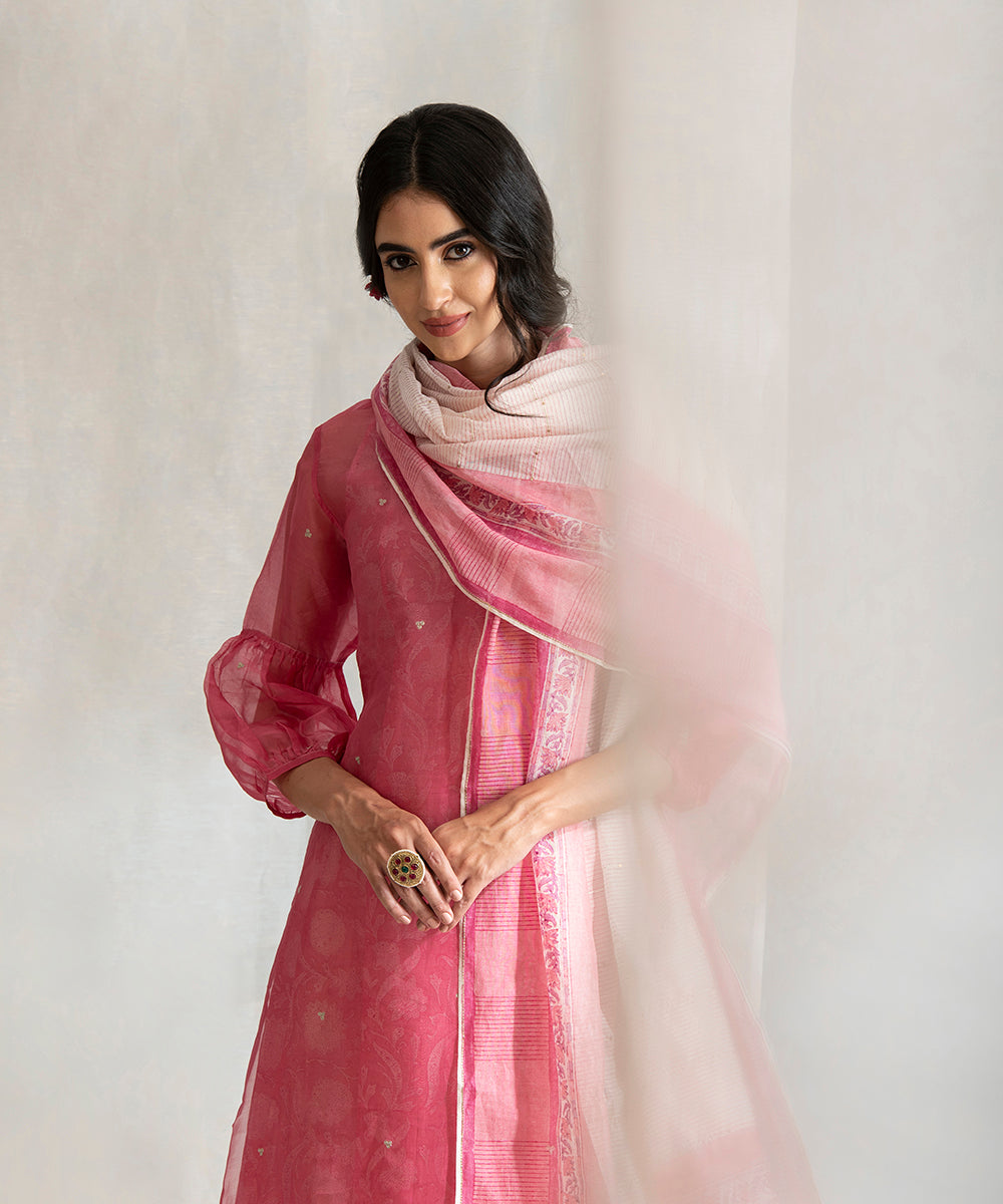 Pink_Handloom_Kurta_Set_with_White_Pants_And_Chanderi_Hand_Block_Printed_Dupatta_WeaverStory_02