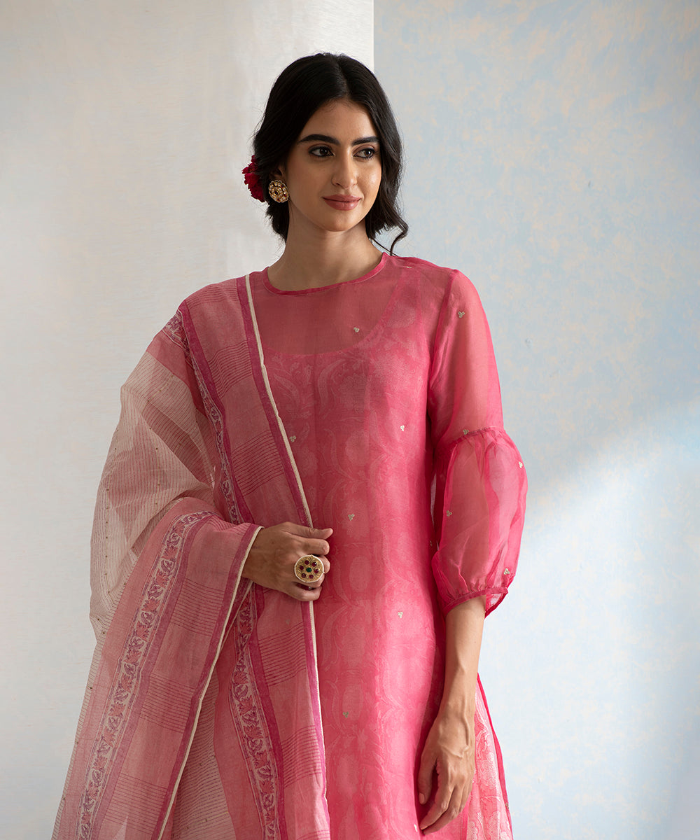 Pink_Handloom_Kurta_Set_with_White_Pants_And_Chanderi_Hand_Block_Printed_Dupatta_WeaverStory_05