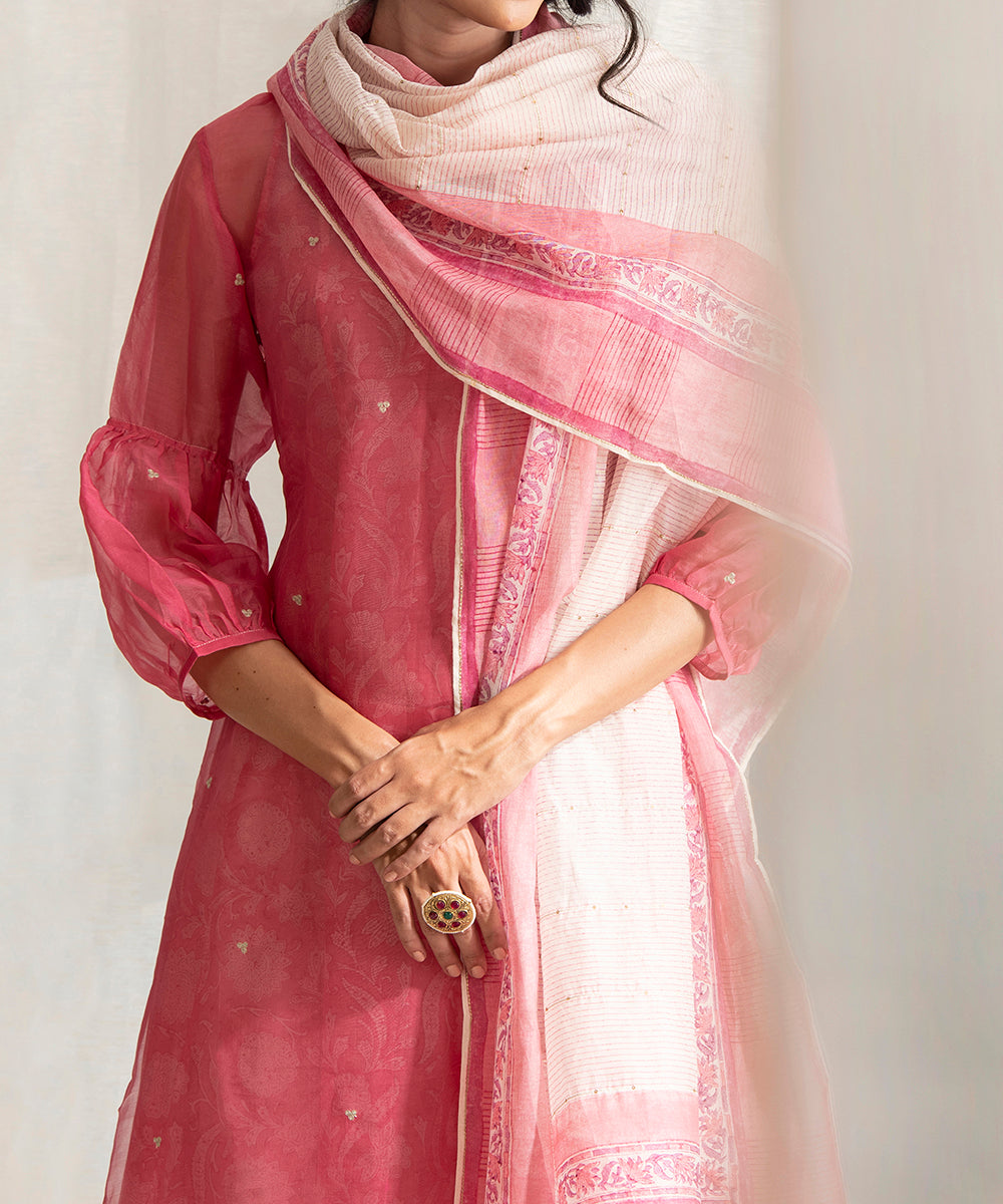Pink_Handloom_Kurta_Set_with_White_Pants_And_Chanderi_Hand_Block_Printed_Dupatta_WeaverStory_06
