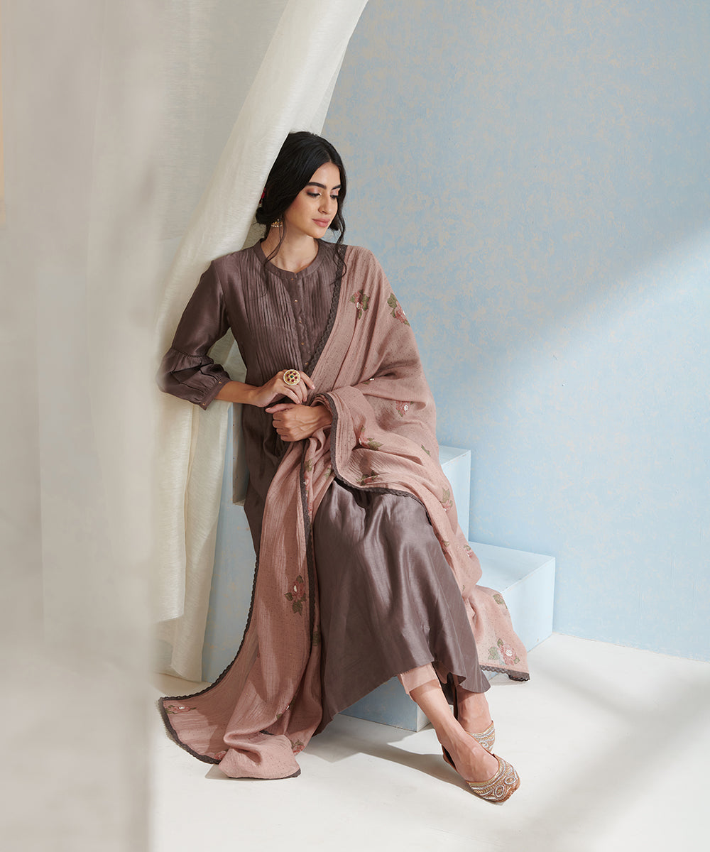 Handloom_Brown_Gathered_Chanderi_Kurta_Set_with_Pants_And_Hand_Block_Printed_Dupatta_WeaverStory_02