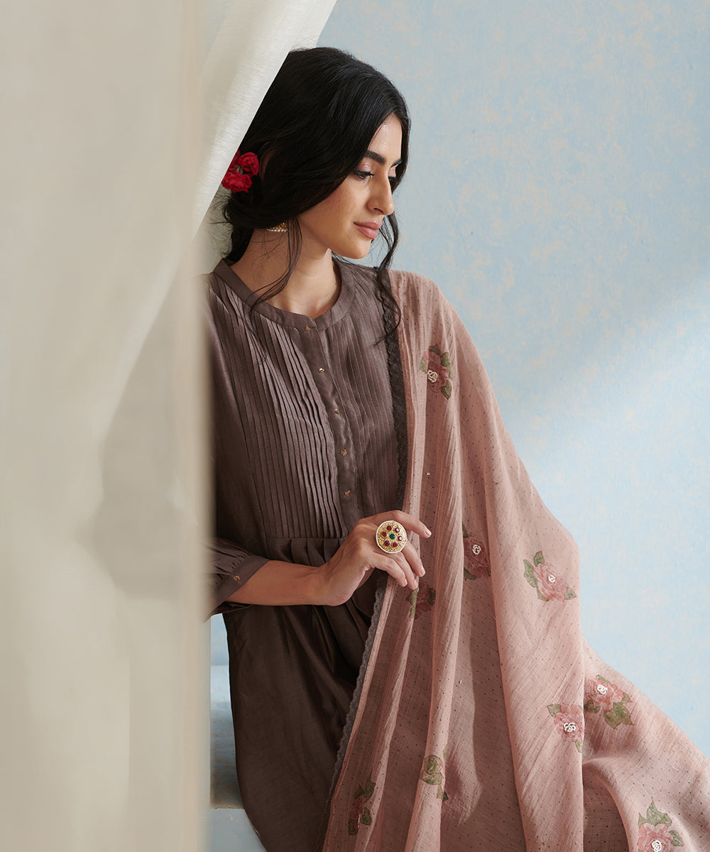 Handloom_Brown_Gathered_Chanderi_Kurta_Set_with_Pants_And_Hand_Block_Printed_Dupatta_WeaverStory_03
