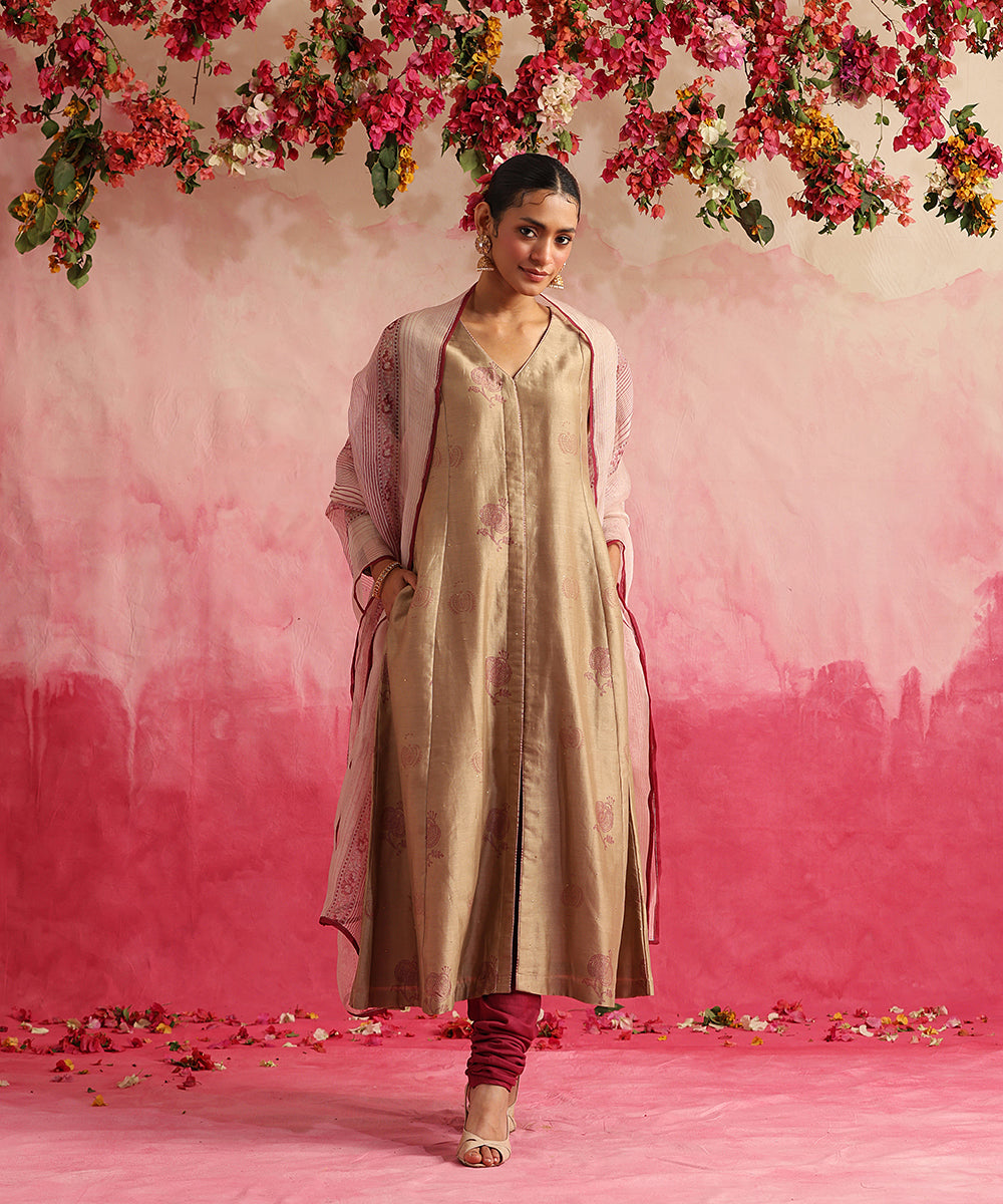 Handloom_Taupe_Pomegranate_Anarkali_With_Chanderi_Churidar_And_Organza_Dupatta_WeaverStory_01