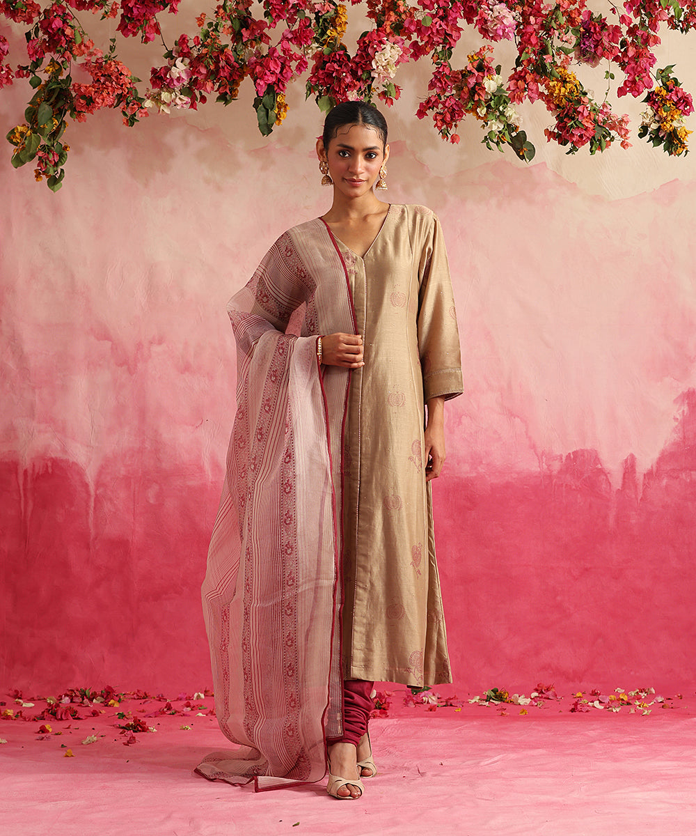 Handloom_Taupe_Pomegranate_Anarkali_With_Chanderi_Churidar_And_Organza_Dupatta_WeaverStory_02