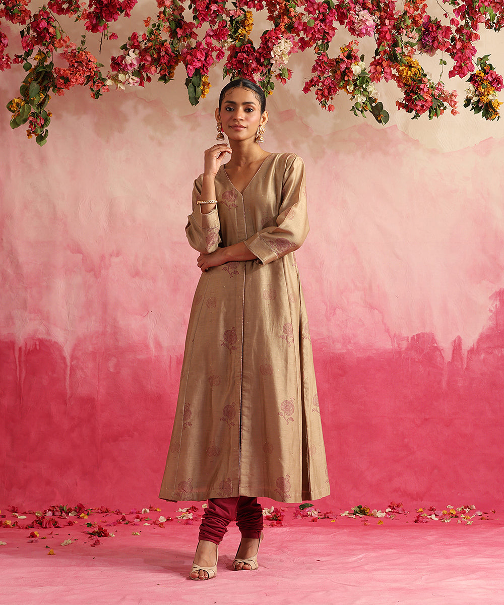 Handloom_Taupe_Pomegranate_Anarkali_With_Chanderi_Churidar_And_Organza_Dupatta_WeaverStory_03