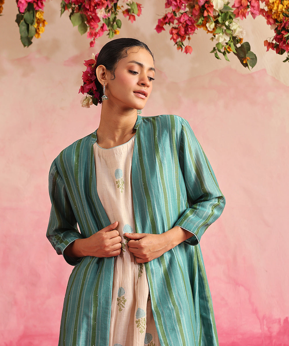 Handloom_Turquoise_Chanderi_Jacket_With_Off_White_Block_Printed_Dress_WeaverStory_06