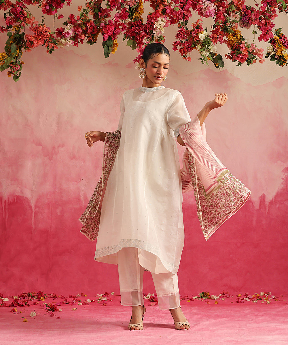 Gulbahar - Handloom White Organza Suit Set With Chanderi Straight