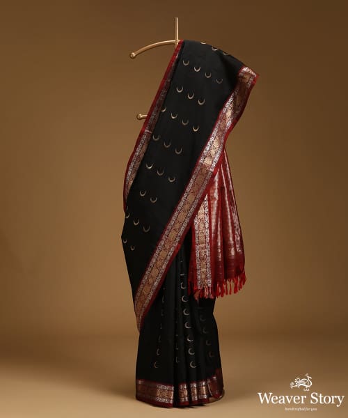Black_Pure_Mulberry_Silk_Chandrakala_Saree_With_Gold_And_Silver_Zari_Border_and_Konia_WeaverStory_01