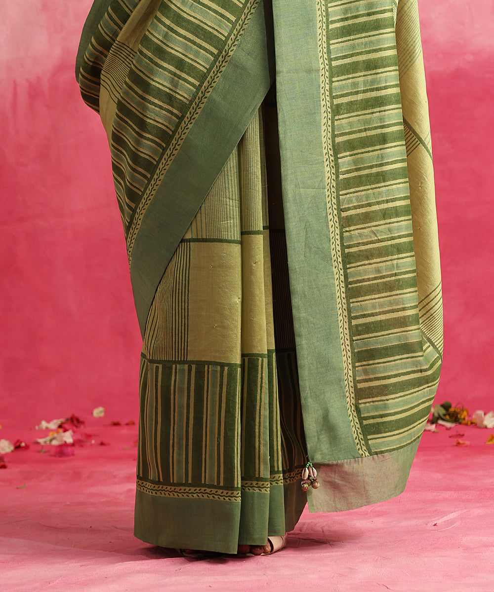 Handloom_Chartreuse_Green_Chanderi_Saree_With_Hand_Block_Printed_Stripes_And_Geomatric_Jaal_WeaverStory_04