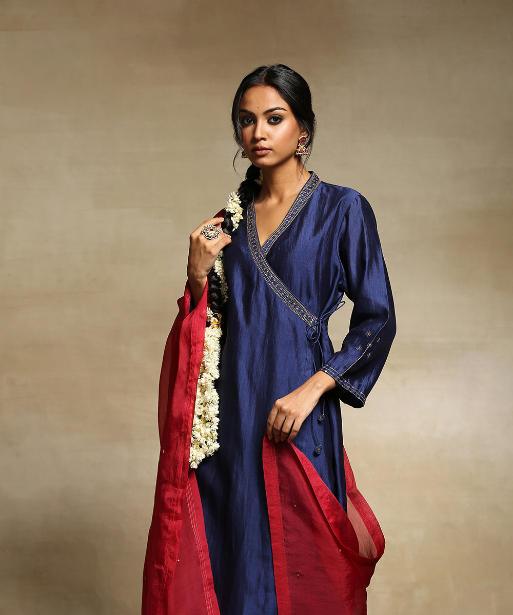 Handloom_Deep_Blue_Angrakha_Chanderi_Silk_Kurta_With_Straight_Poly_Silk_Pants_And_Contrast_Red_Organza_Dupatta_WeaverStory_01