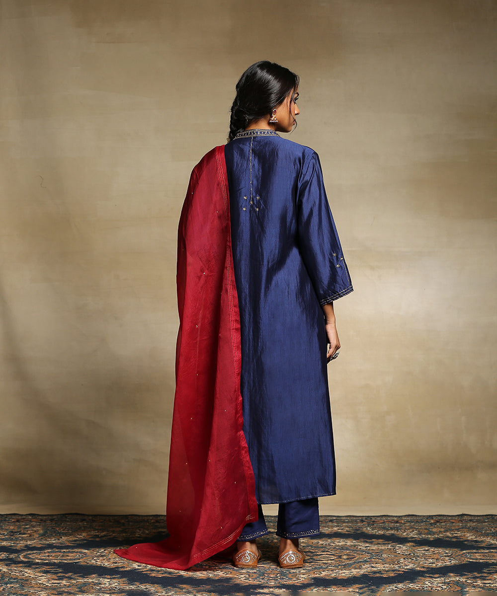 Handloom_Deep_Blue_Angrakha_Chiniya_Silk_Kurta_With_Straight_Poly_Silk_Pants_And_Contrast_Red_Organza_Dupatta_WeaverStory_03