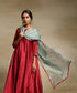 Deep_Red_Handloom_Kurta_With_Poly_Silk_Pants_And_Contrast_Sage_Green_Organza_Dupatta_WeaverStory_01