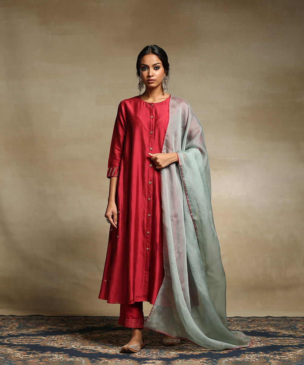 Deep_Red_Handloom_Kurta_With_Poly_Silk_Pants_And_Contrast_Sage_Green_Organza_Dupatta_WeaverStory_02